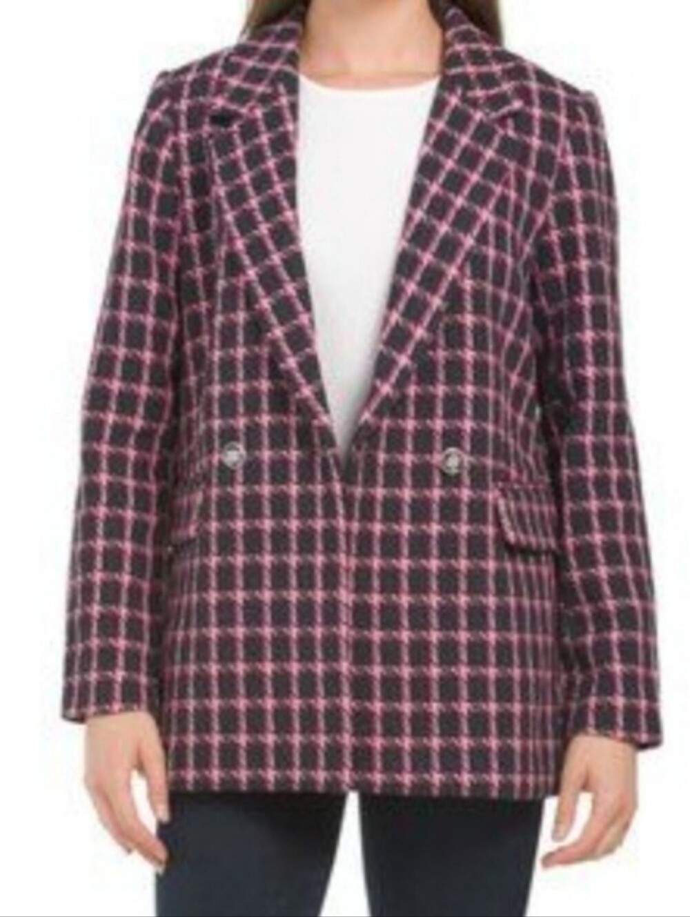 Rachel Zoe Pink & Black Plaid Double Breasted Blazer Coat Office Preppy Large